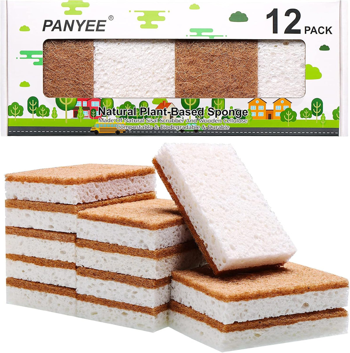 Natural Sponge Kitchen 12Pack,Eco Friendly Non-Scratch Scrub Sponge,Biodegradable Sisal Scrubber with Compostable Kitchen Sponges for Dishes Cleaning…