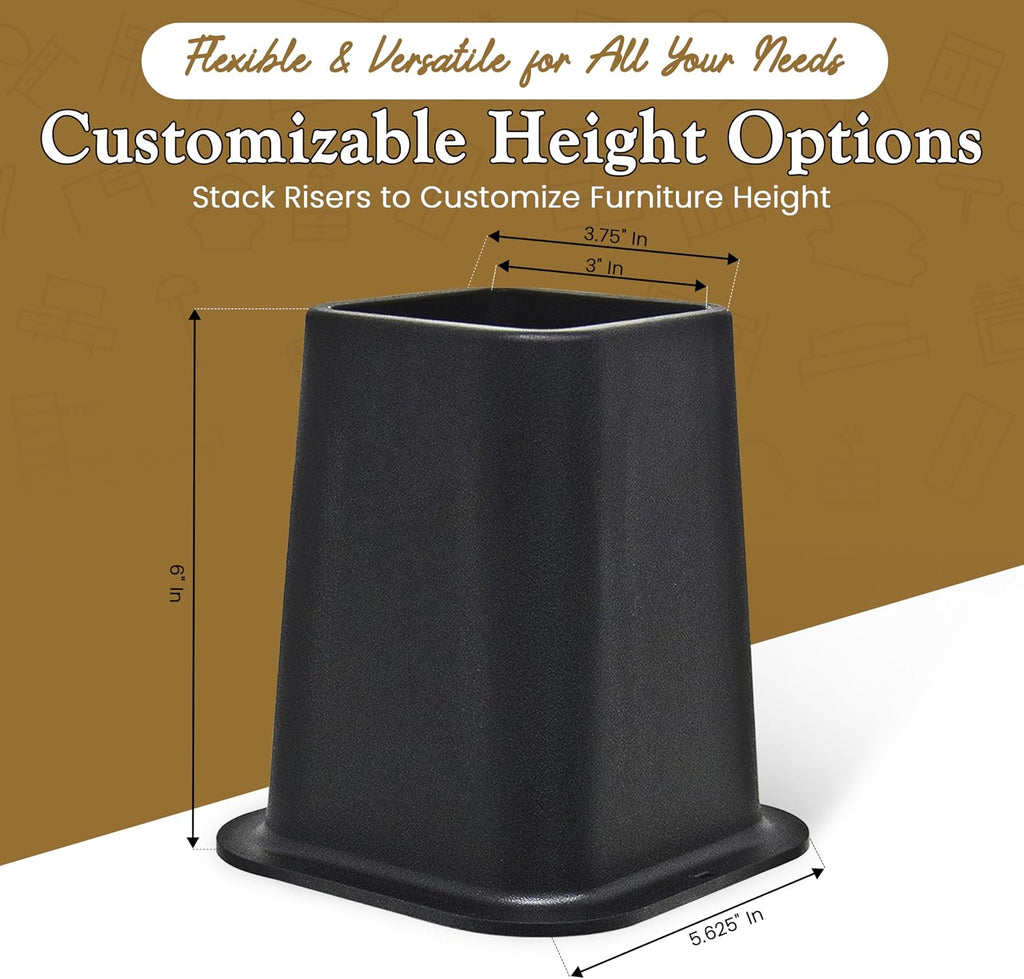 Kings Brand Furniture 6-inch Bed Risers - Set of 4 Black Heavy Duty Stackable Furniture Risers for Under Bed Storage, Desk, Sofa, Couch