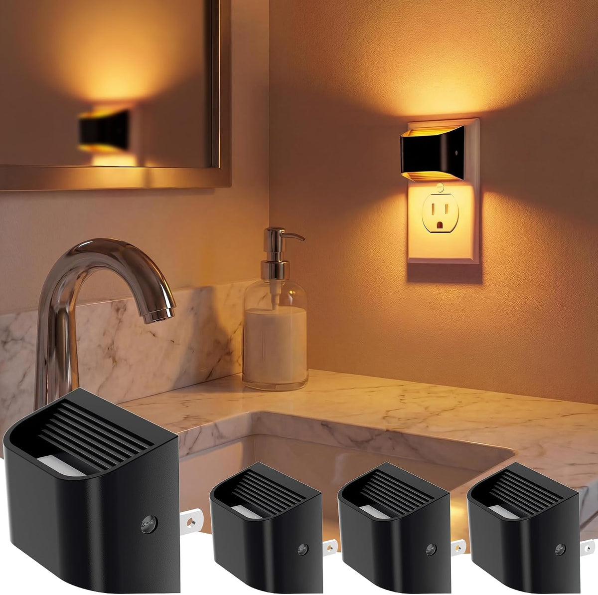 VOLISUN Amber Night Light, 4 Pack Up and Down LED Night Light with Dusk to Dawn Light Sensor, 1800K Night Lights Plug into Wall for Hallway, Bedroom, Bathroom, Kitchen Black