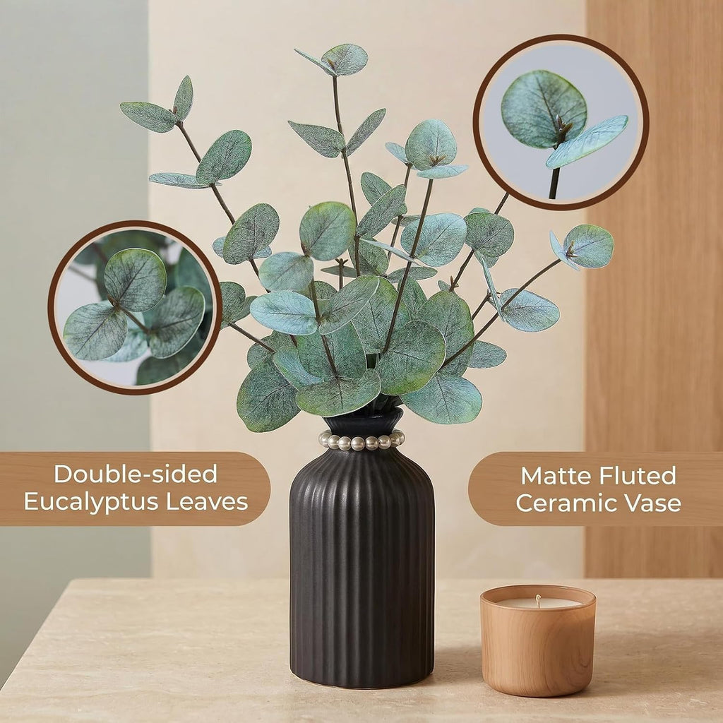 Artificial Eucalyptus Stems in Vase, Faux Plants with Frosted Ceramic Vase, Nordic Style Fake Green Plants with Bottle Set for Home Decor Indoor Centerpiece (Green Eucalyptus with Black Vase)