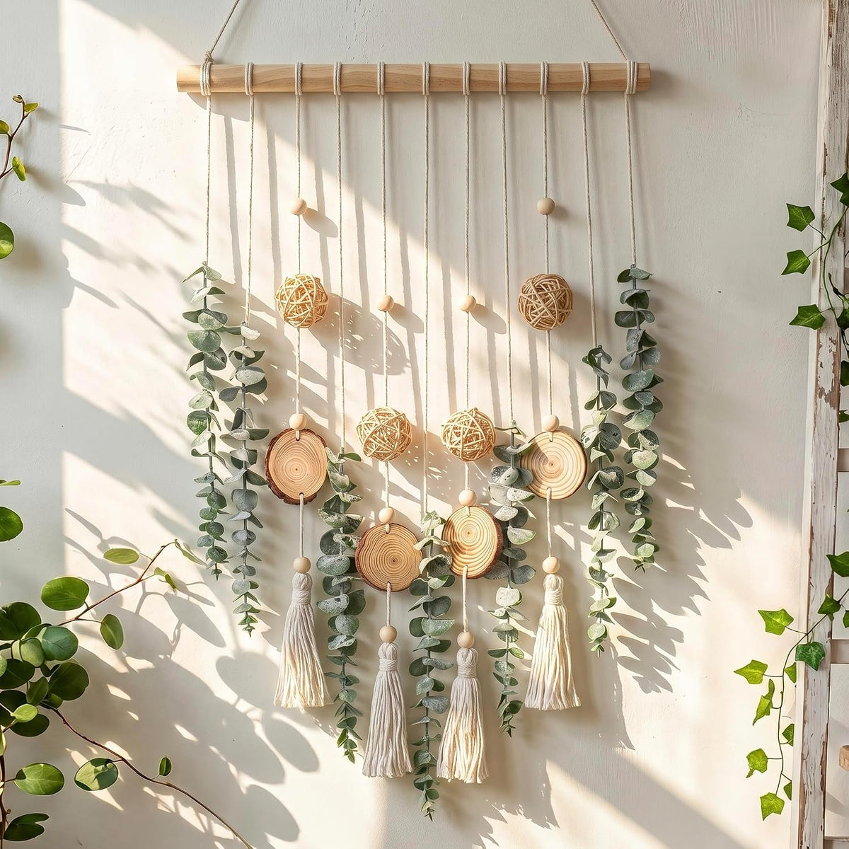 Fake Hanging Eucalyptus Wall Decor with Fake Greenery Leaves, Stems, and Wicker Ball, Artificial Eucalyptus Wall Hanging for Bathroom, Living Room, Bedroom Decor (24" L x 16" W)
