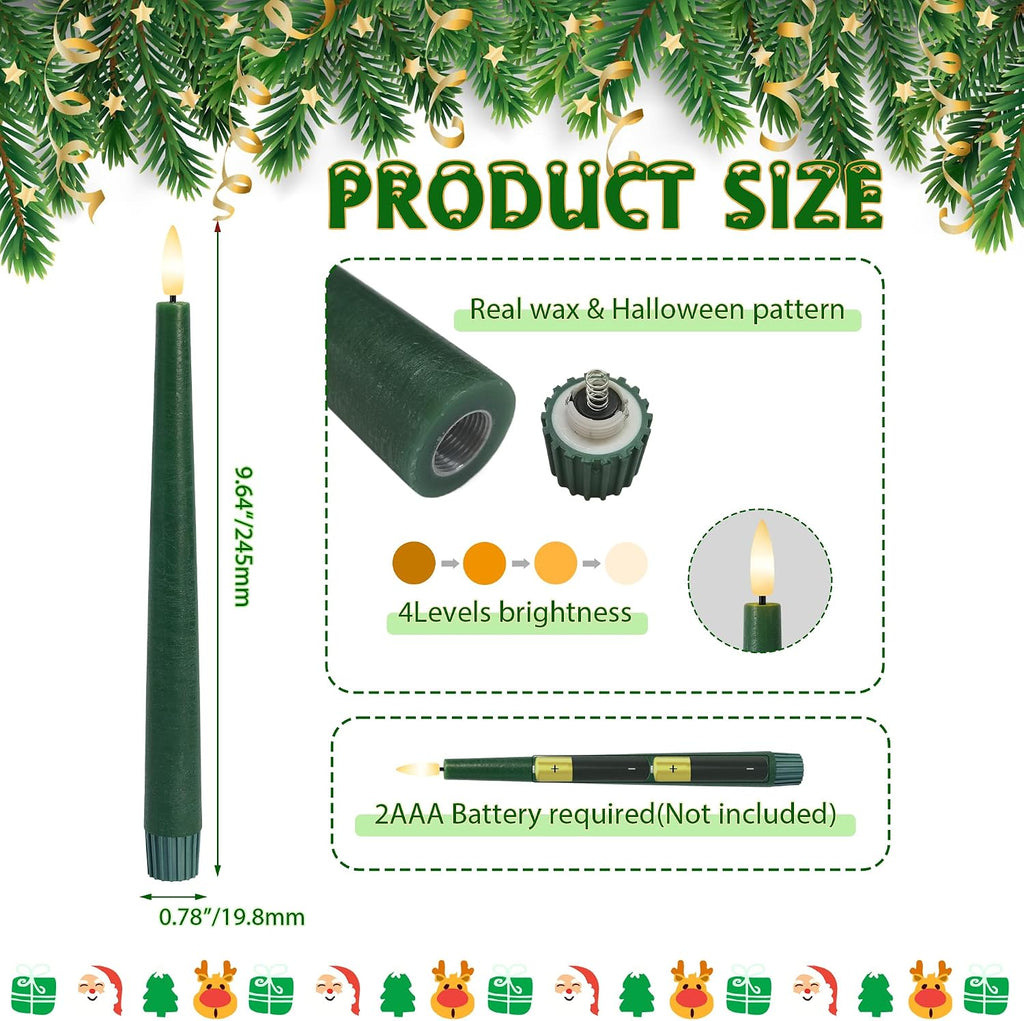 Green Flameless Candles, 9.6" Real Wax Taper Battery Opearted Candles with Remote, 6 Pack Flickering LED Candlesticks with 3D Wick, Classic Tall Taper Candles for Home, Party, Christmas Decor