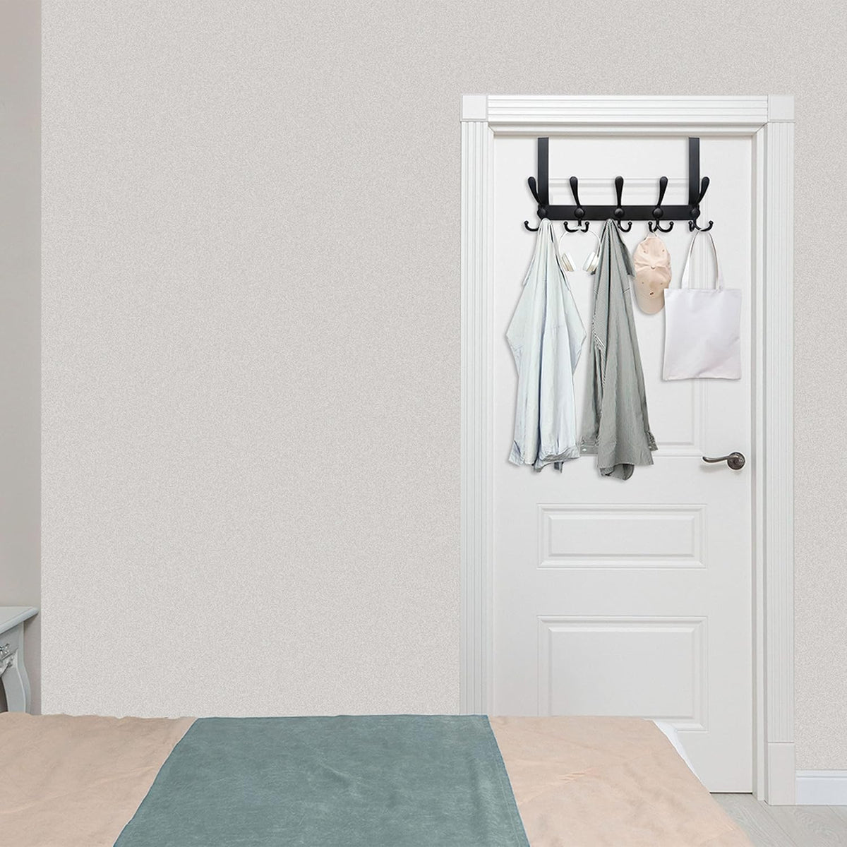 WEBI Over The Door Hook,Door Hanger Hook Rack with 5 Tri Hooks for Hanging Coats,Over Door Towel Rack Door Coat Towel Hanger Door Coat Rack for Bathroom,Behind Back of Door,Black