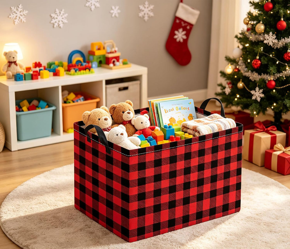 Rectangular Storage Basket for Boys Kids Basket Storage Bin Organizer Box(Red Checkered)
