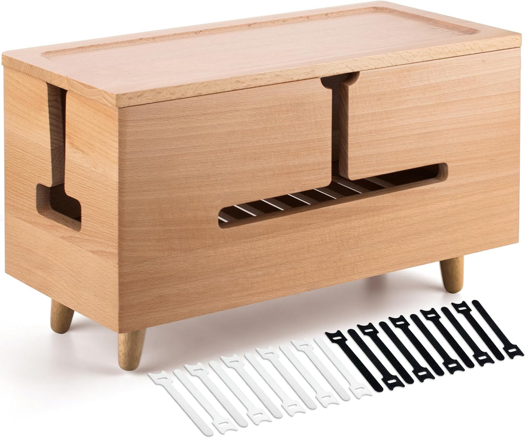 Natural Beechwood Large Cable Management Box for Power Strip & Cord Hider