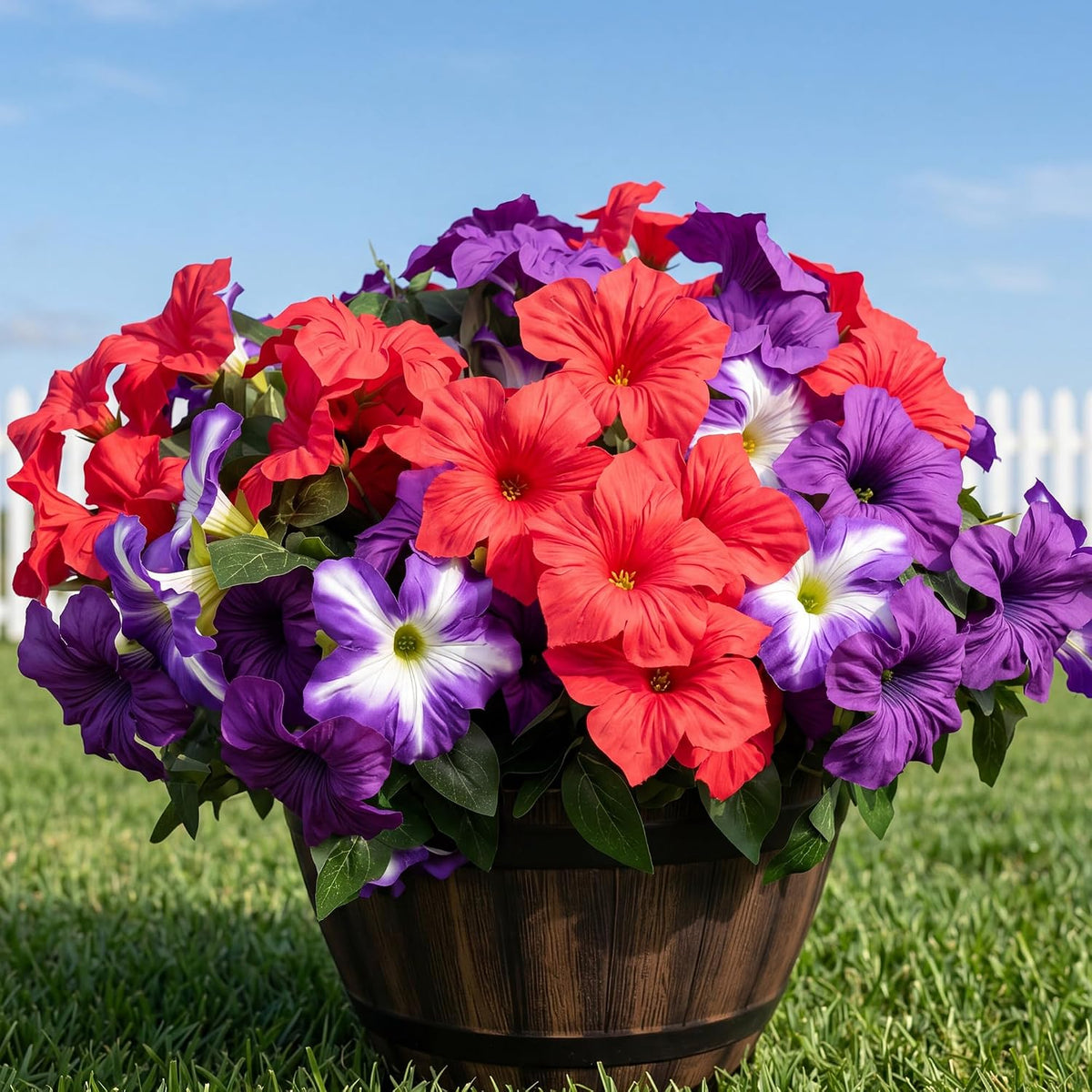 Artificial Fake Flowers Plants for Outdoor Decoration, 4PCS Faux Petunias Silk Flower UV Resistant No Fade for Home Outside Garden Balcony Yard Porch Realistic Indoor Decor (Purple/Red)