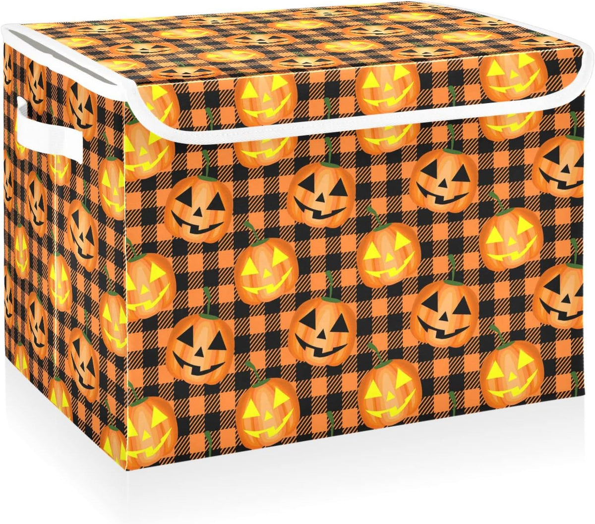 CaTaKu Large Fabric Storage Bins With Lids, Halloween Pumpkin Plaid Storage Boxes With Handles for Organizing Clothes, Collapsible Storage Cube Bins Baskets for Shelves