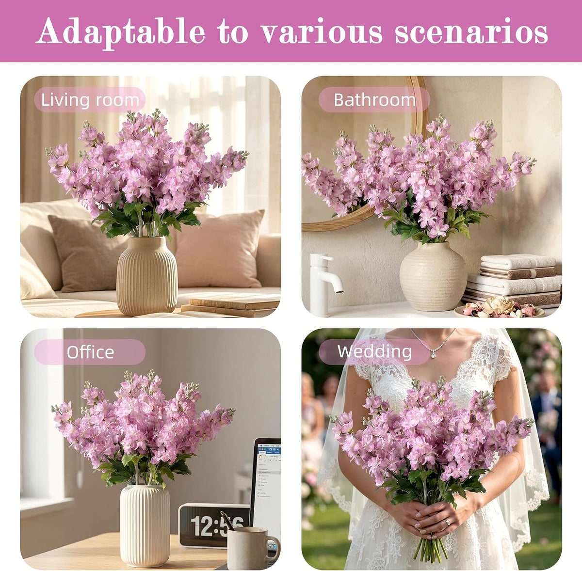 Fake Flowers 23.6” Delphinium Artificial Flowers 8Pcs Silk Flowers with Stems Long Stem Artificial Flowers for Tall Vase Faux Flowers for Indoor Home Decoration Wedding Decoration Centerpiece (Purple)