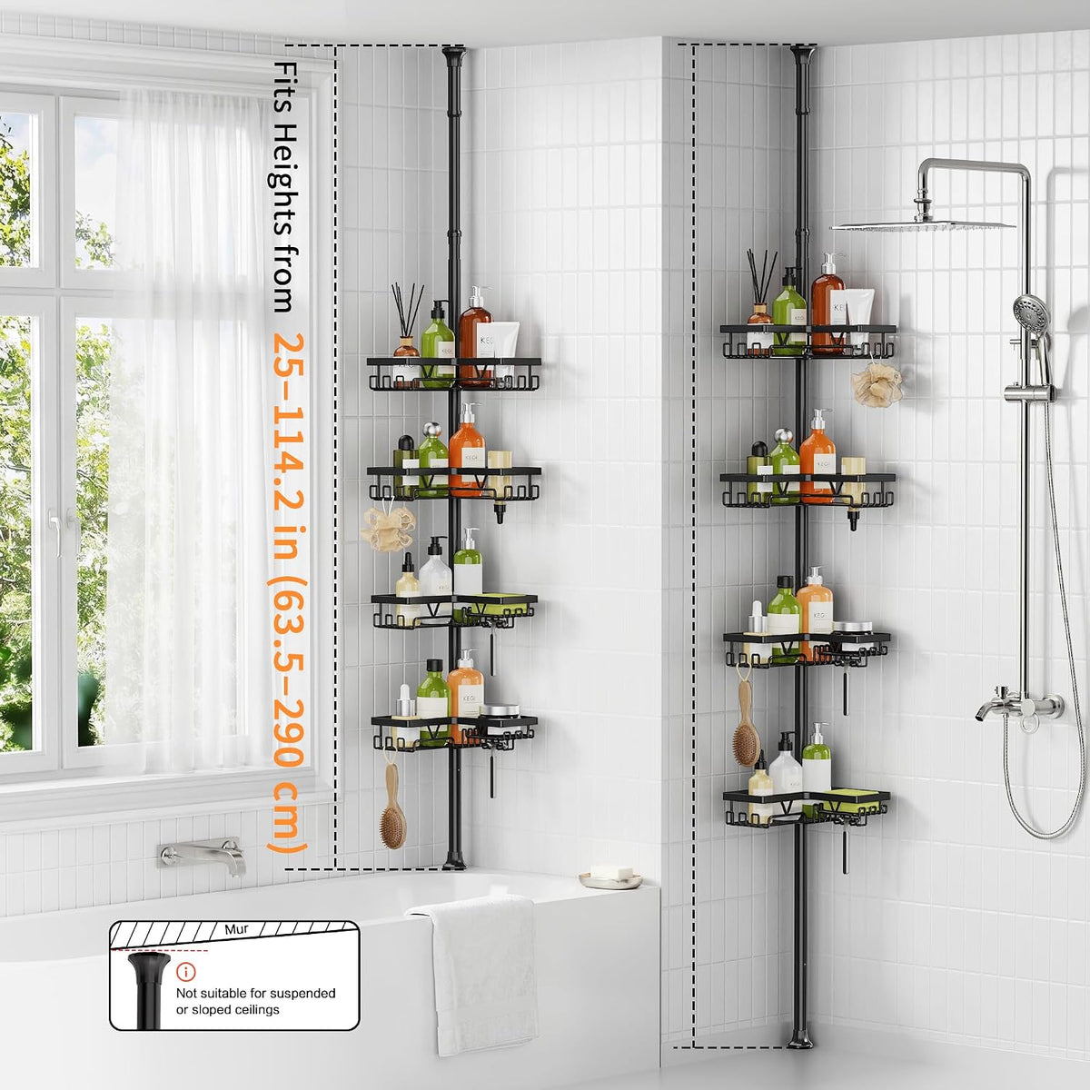 KEGII Corner Shower Caddy Tension Pole, 2-Steps Install Bathroom Organizer