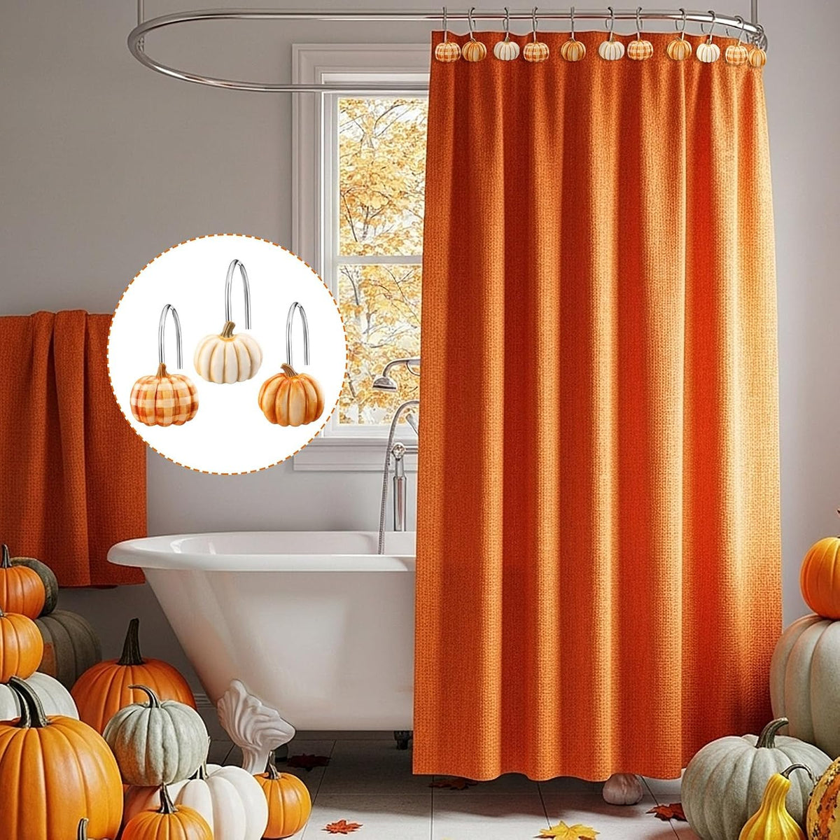 Colingmill 12 Pcs Fall Pumpkin Shower Curtain Hooks for Fall Bathroom Decor