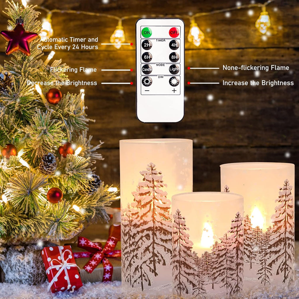 Christmas Tree Flameless Candles with Remote Control & Timer Function, Real Wax Glass Candles, Home Party Wedding Holiday Xmas Decor, Set of 3