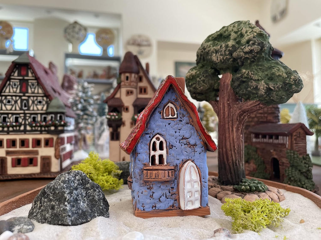 Ceramic Houses and Villages Collection - Handmade House Miniature Cone Incense Holder Burner Handcrafted Blue House Hand Painted R503