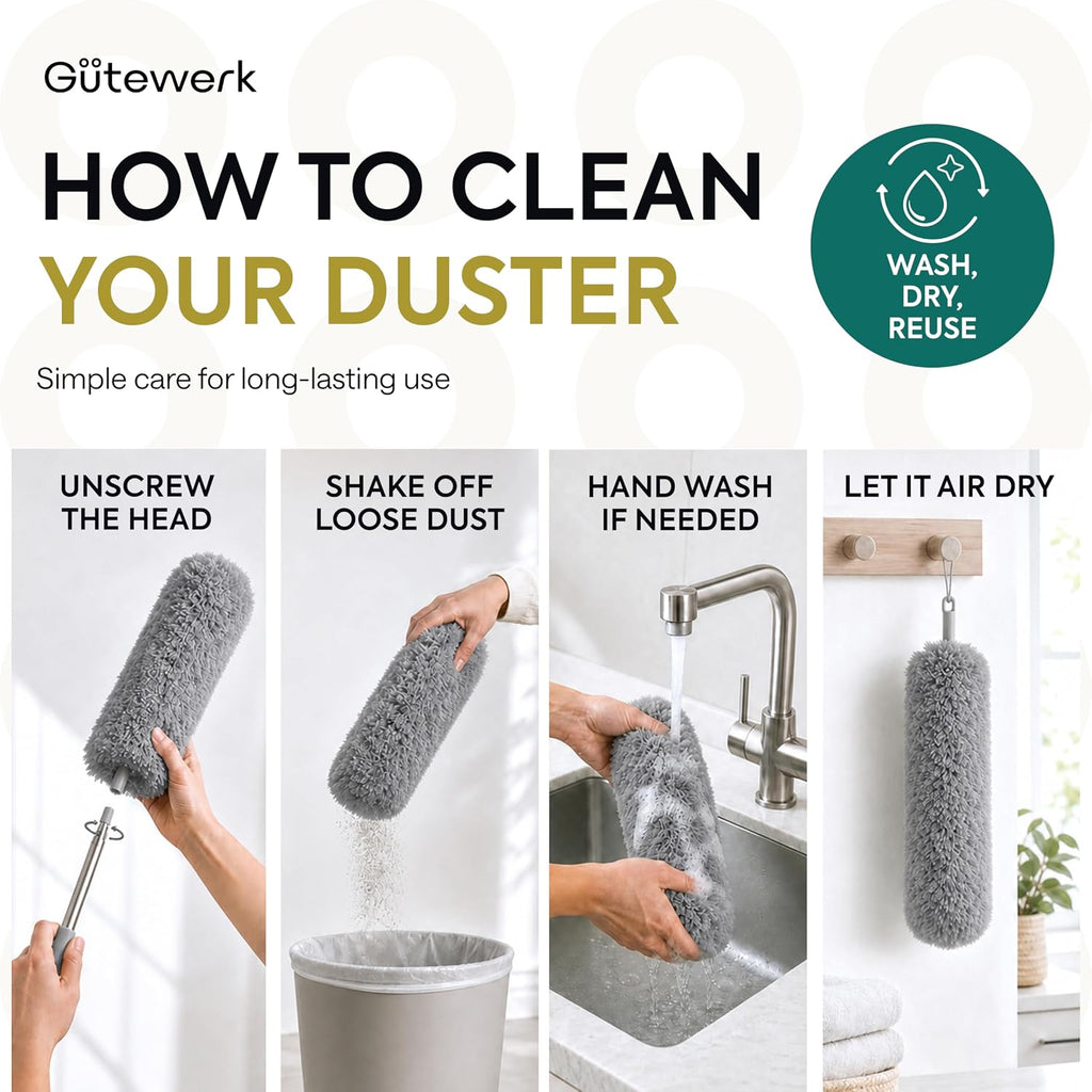 Gütewerk Extendable Microfiber Duster, 360° Bendable Head, 55 Inch Grey