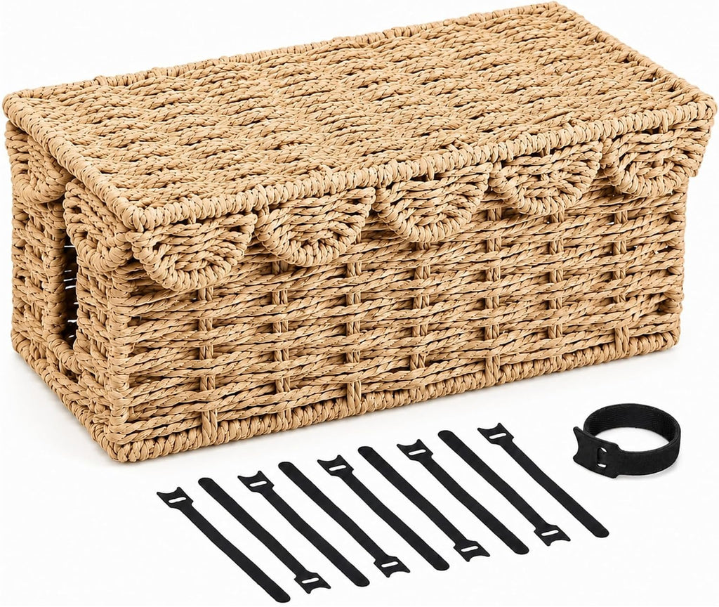 Woven Cable Management Box with Scalloped Lid, 13 Inch Cord Box