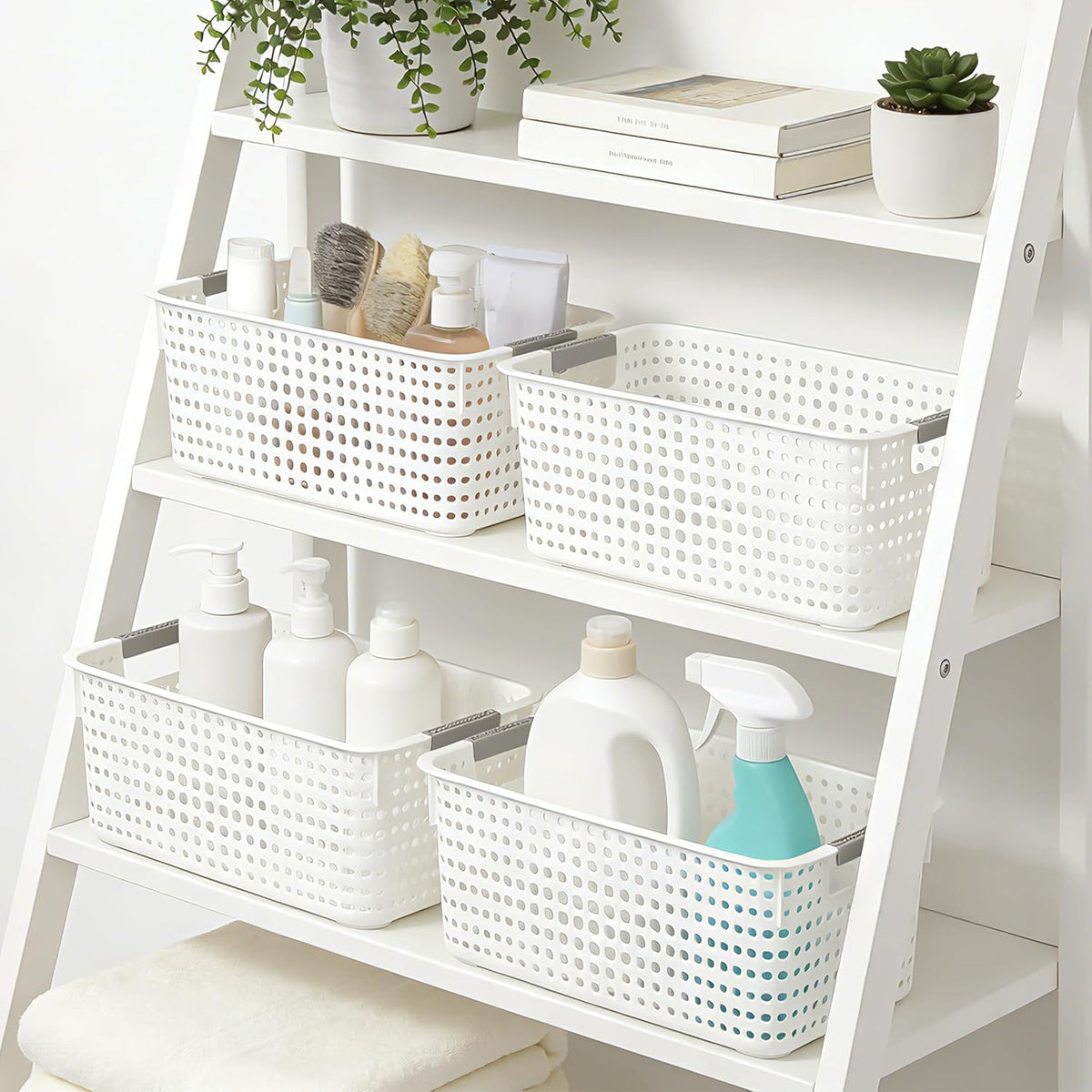 Soddeph 4-Pack Hollow Plastic Storage Baskets with Handles(White, Medium)