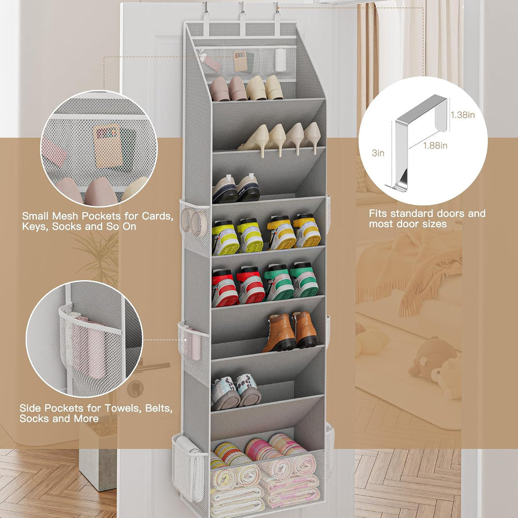 Criusia Shoe Storage, Over the Door Shoe Organizer, Hanging Closet Shoe Storage with Large Deep Pockets, Fits 16–24 Pairs of Sneakers, Sandals, Boots, Gray