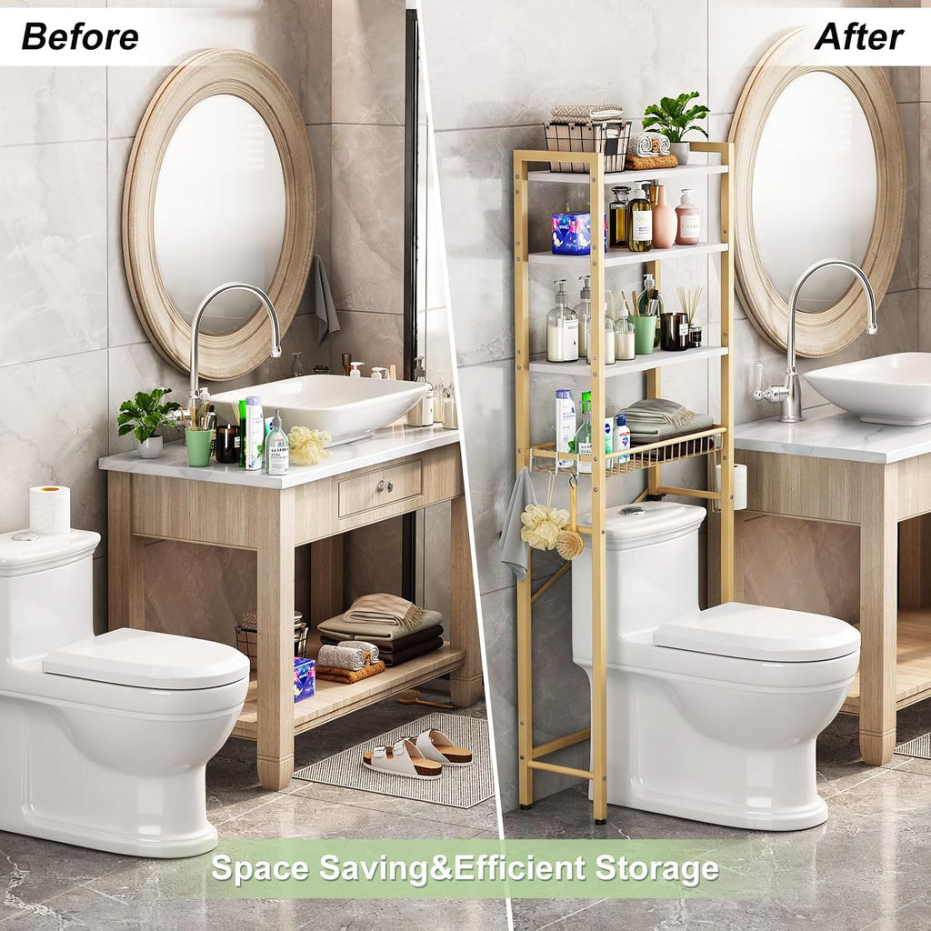 Kalrin Over-The-Toilet Storage Rack, 4-Tier Bathroom Organizer Shelf Over Toilet with Adjustable Shelf and Basket, Freestanding Space Saver Bathroom Shelves Above Toilet for Room (MetalWood-White)