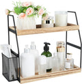 Uneviesyka Bathroom Counter Organizer, 2-Tier Standing Storage Shelf with Basket, Wood Tray for Skincare Vanity Organizer