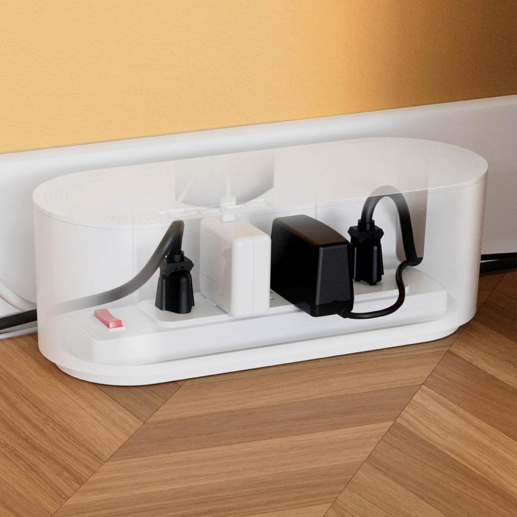 D-Line Cable Management Box, Power Strip Holder, Floor Outlet Hiders, Desk Cord Organizer, Cover TV Wires, Wire Storage – 16.5 in (Length) x 6.5in (Width) x 5.25in (Height) - Large, White