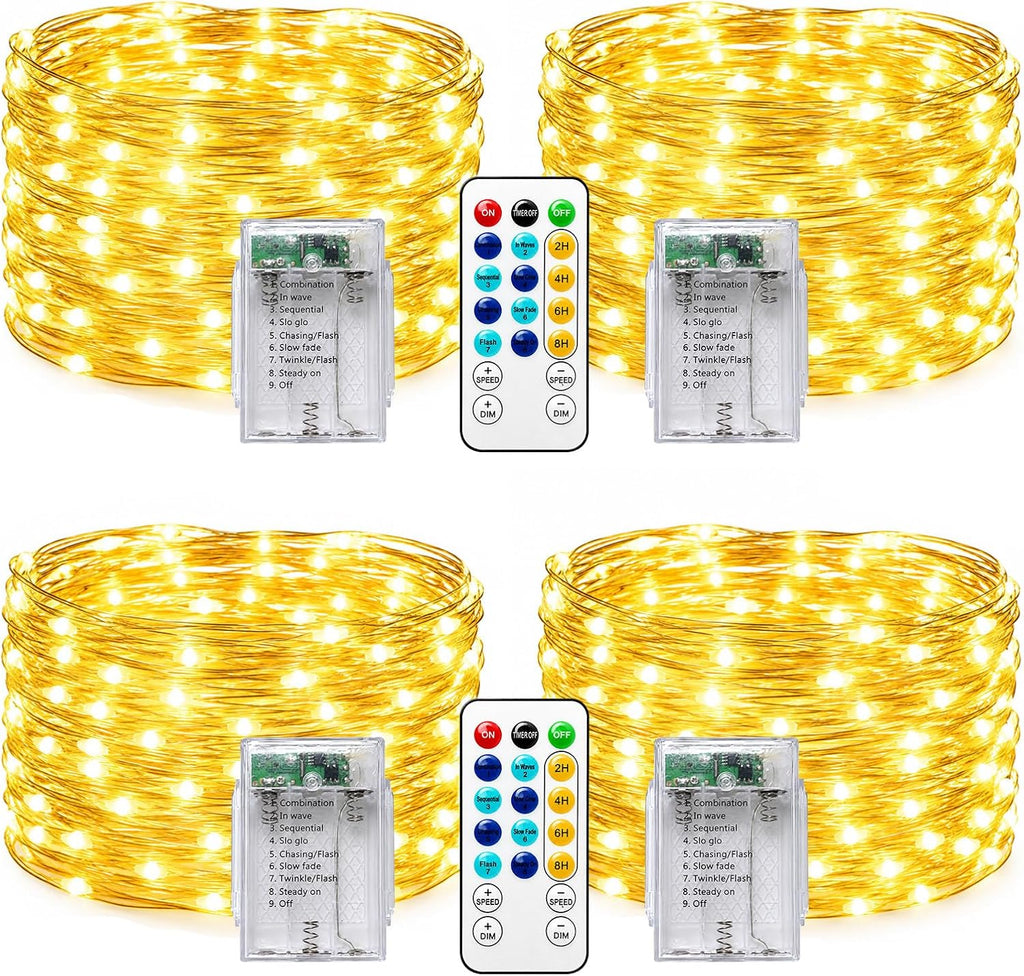 4 Pack Fairy Lights Battery Operated with Remote, 16.4FT 50 LED Twinkle String Lights with Timer, Silver Wire Waterproof Indoor Outdoor for Bedroom Christmas Wedding Dorm Decor Warm White