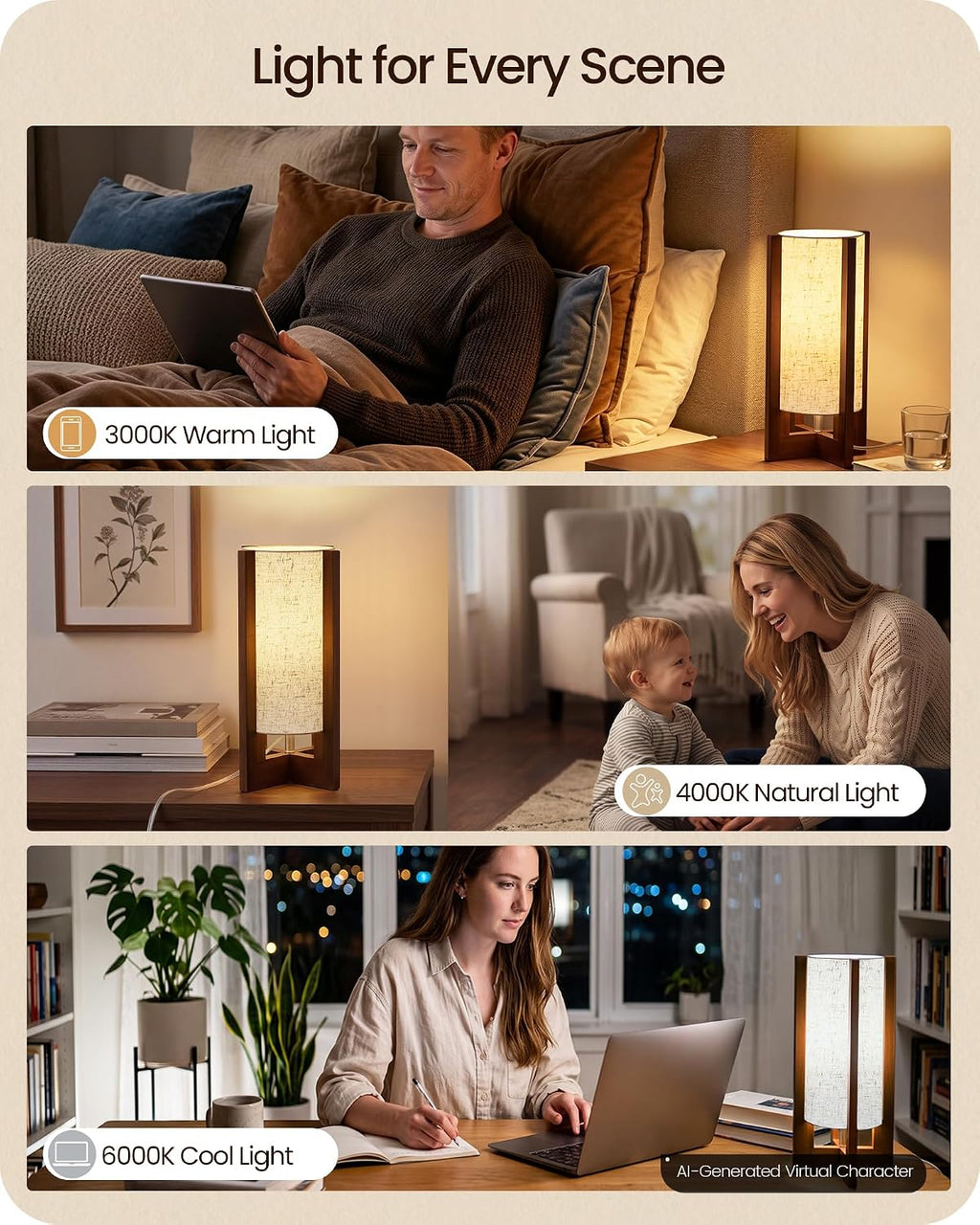 Small Bedside Lamp, 13.4" Modern Wood Table Lamp with LED Bulb