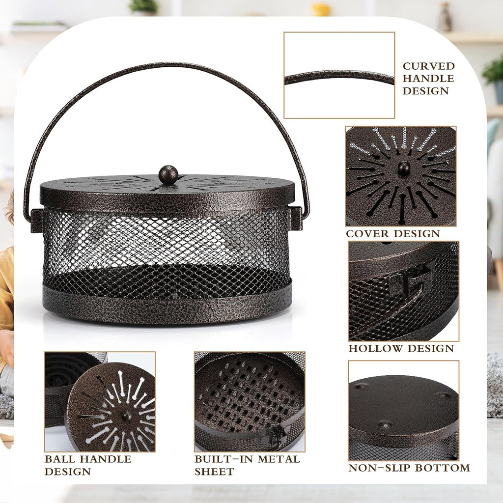 Lallisa 2 Pieces Mosquito Coil Holder Incense Coil Holder Round Retro Portable Metal Hanging Incense Burner Holders with Handle for Home Indoor Outdoor Camping Patio (Bronze)