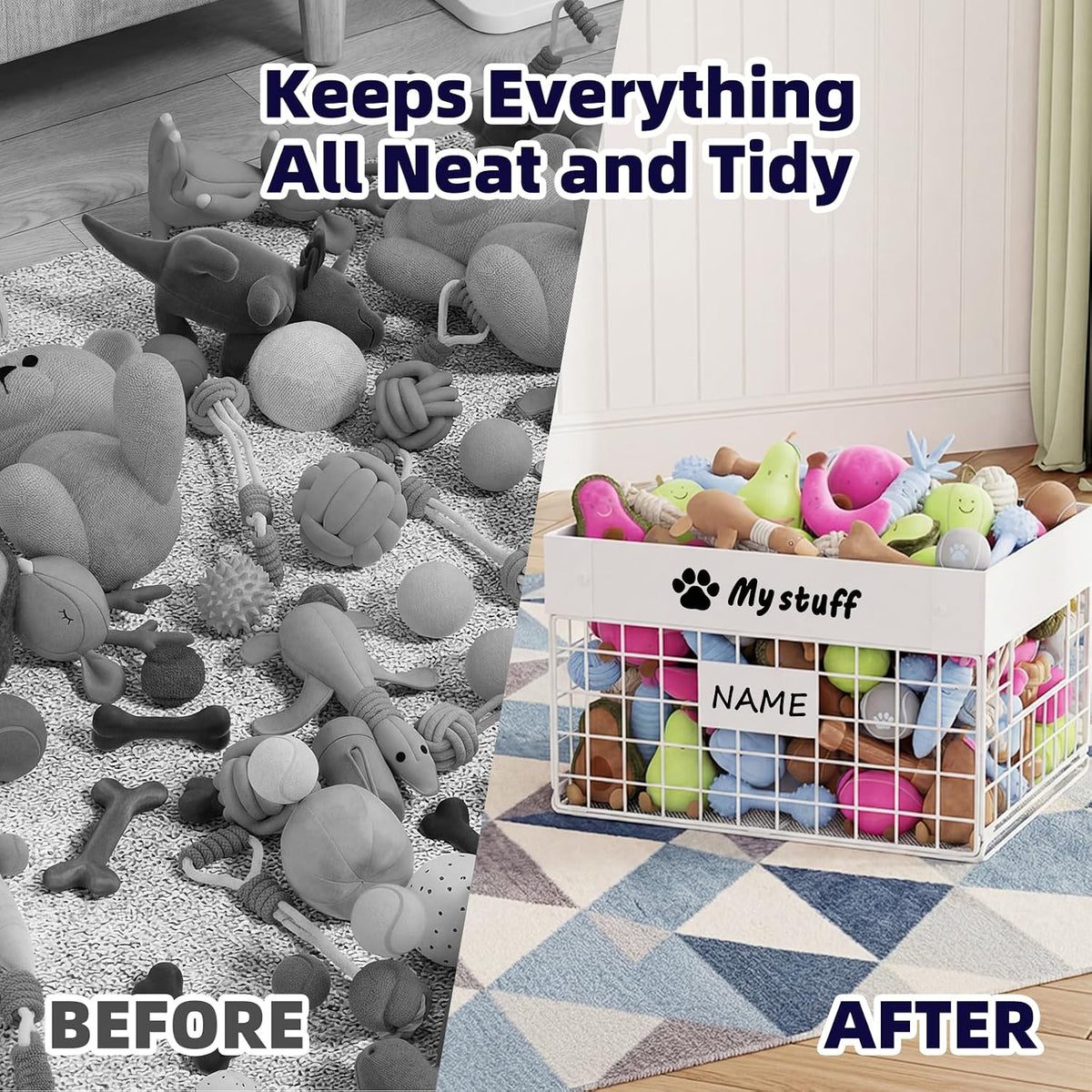 Kaiferty Indestructible Large Dog Toy basket, Chew-Proof Medium Toy Bin for Dogs, Pet Toy Bin Dog Metal Basket for Toys, Puppy Toy Storage Organizer Blankets, Toy Box for Living Room Area (White)