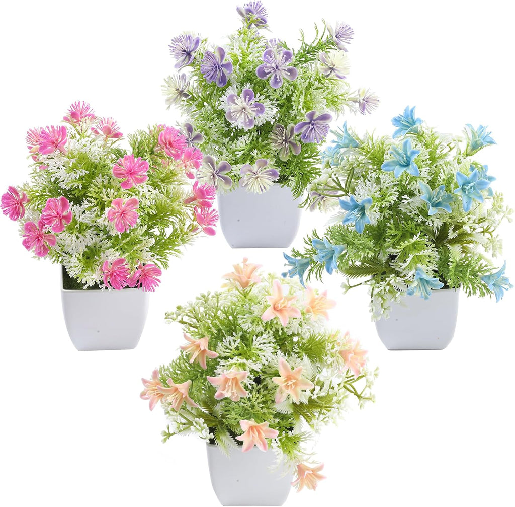 Mini Artificial Faux Plants 4 Packs, Small Fake Plants with Flowers, Black Potted Greenery for Bathroom Office Home Conference Table & Indoor Desk Decor Farmhouse Kitchen Library Restaurant