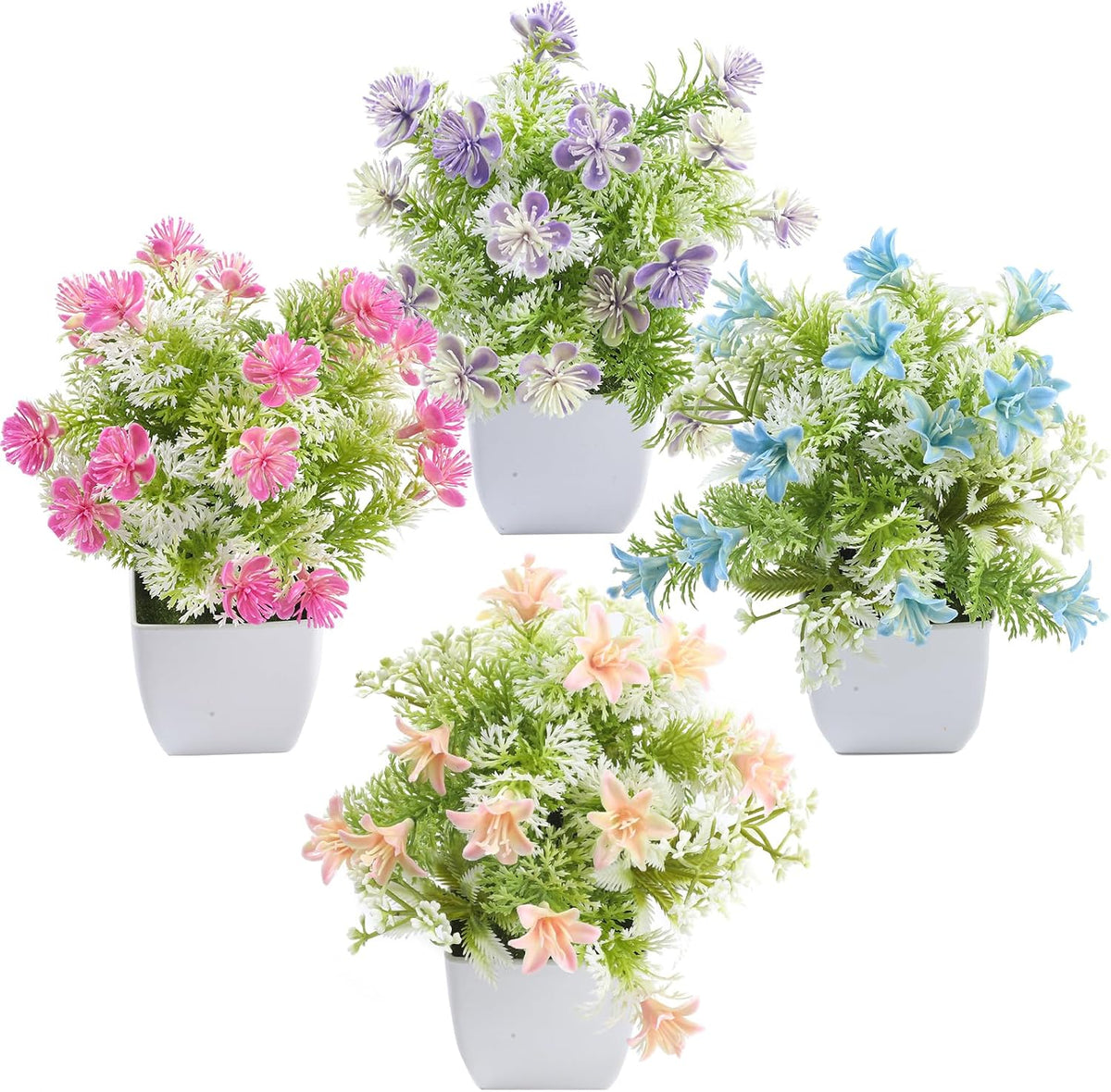 Mini Artificial Faux Plants 4 Packs, Small Fake Plants with Flowers, Black Potted Greenery for Bathroom Office Home Conference Table & Indoor Desk Decor Farmhouse Kitchen Library Restaurant