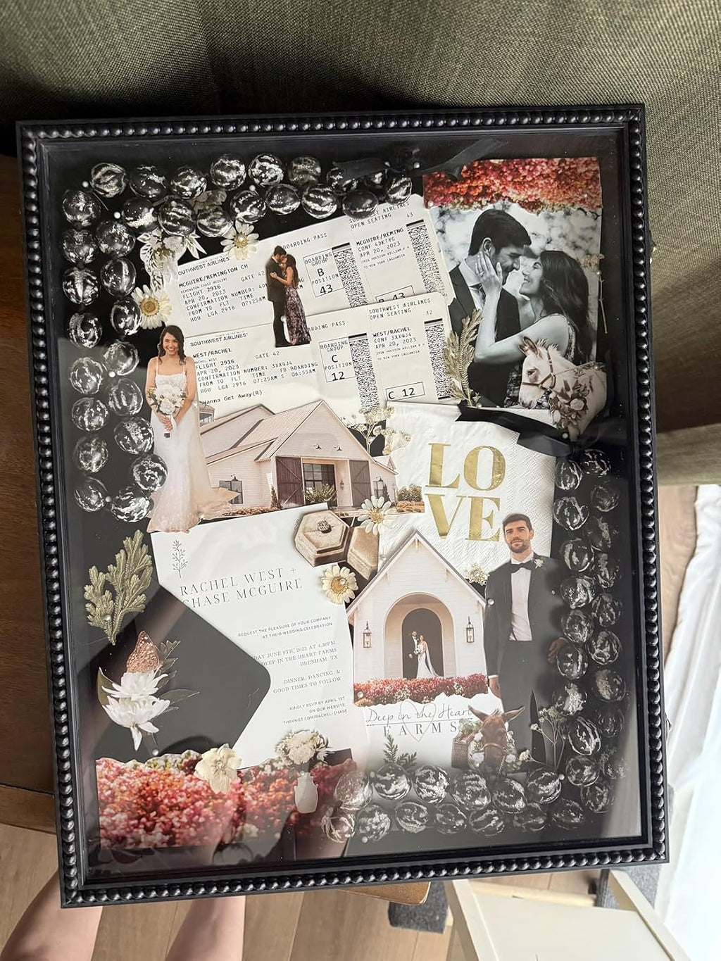 Beaded Shadow Box Frame 16x20, Black Wedding Keepsake Memory Display Case