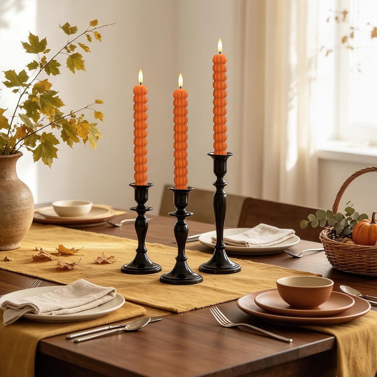 Pumpkin Taper Candles, Fall Flameless Candles, Halloween, Orange, Set of 3