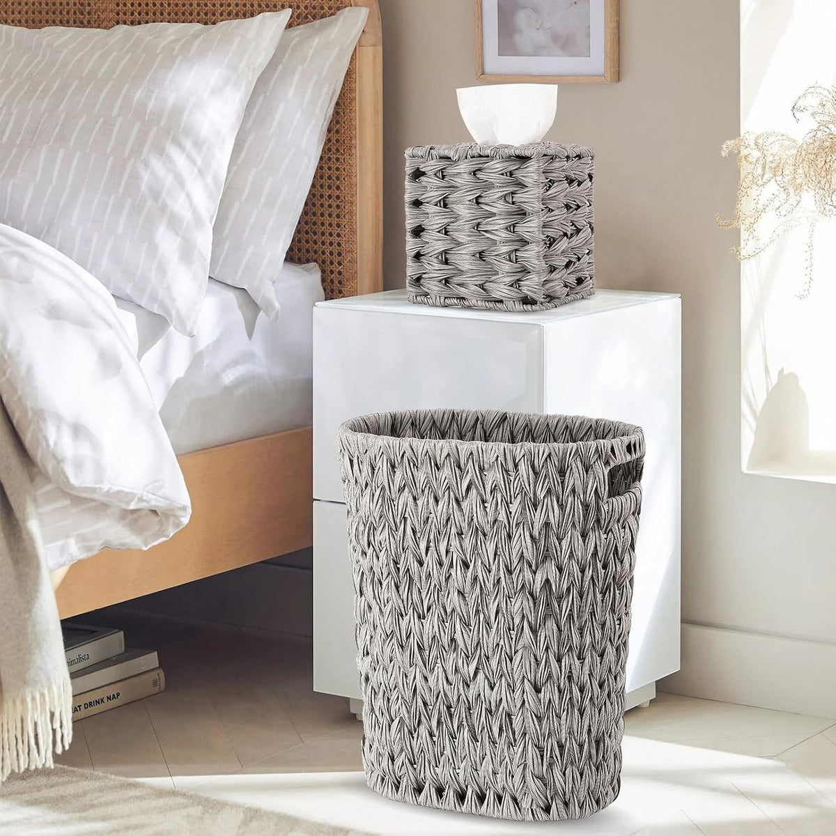 BSSN Wicker Trash Can and Square Tissue Box Cover, 4 Gallon Water Hyacinth Bathroom Trash Can, Handwoven Napkin Holder, Narrow Small Waste Basket, Rustic Decorative Home Set for Bedroom,Office (Grey)