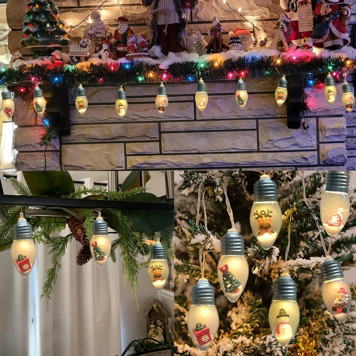 Christmas Lights Indoor Battery Powered 8Ft 12 LED Christmas Snow Globe Lights with Timer, Classic Xmas String Light for Indoor Bedroom Party Vintage Xmas Decor