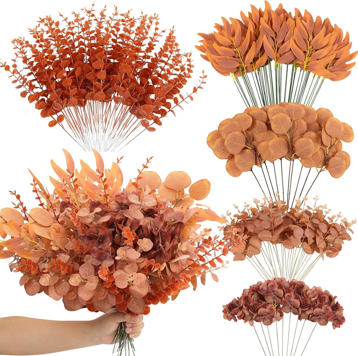 Palonu 150 Pcs Artificial Fall Eucalyptus Stems with Hydrangea Heads, Faux Red Brown Eucalyptus Leaves Bulk for DIY Autumn Wedding Bouquets, Thanksgiving Table Centerpieces, Rustic Home Decor