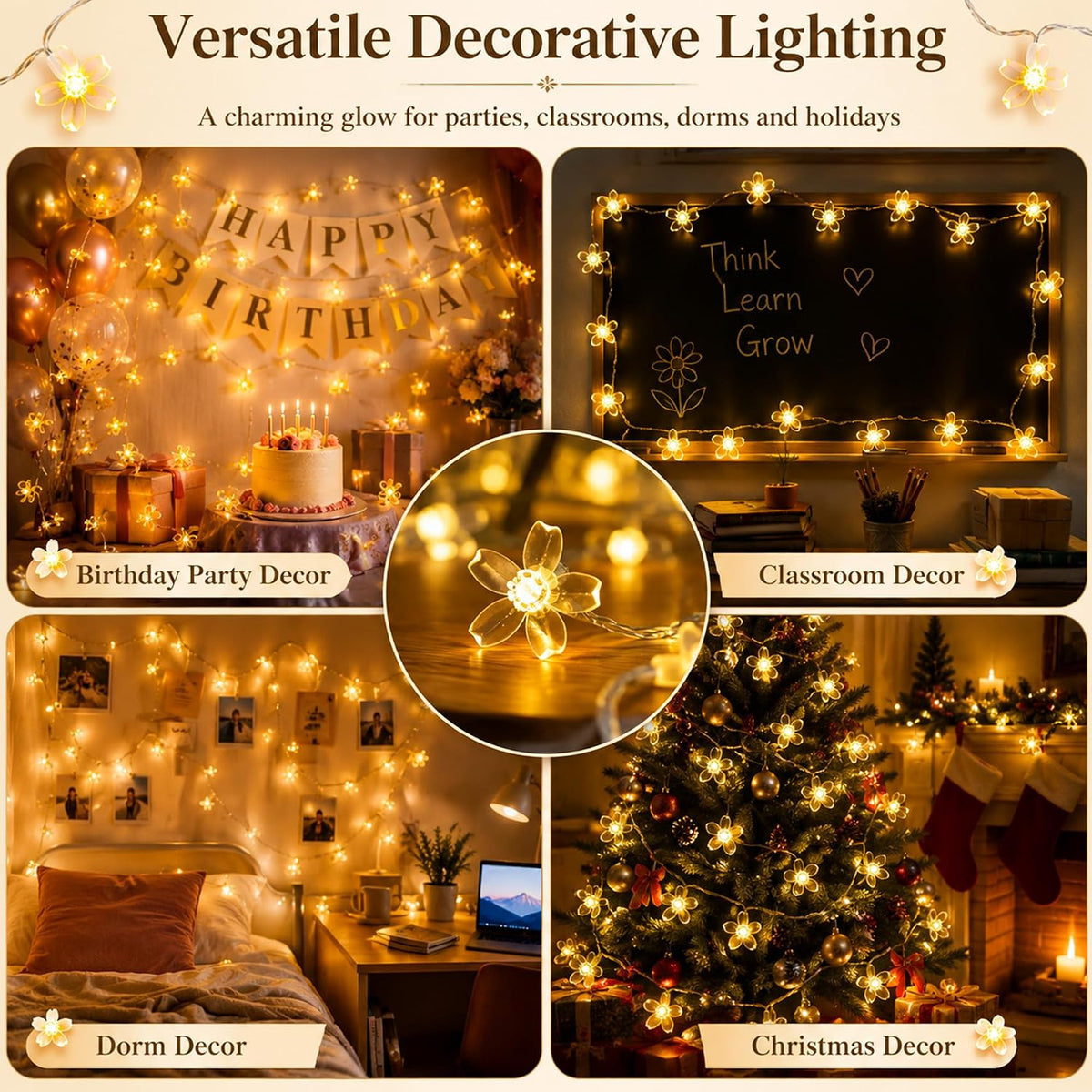 10ft 30 LED Fairy Flower String Lights Battery & USB Operated (Warm White)