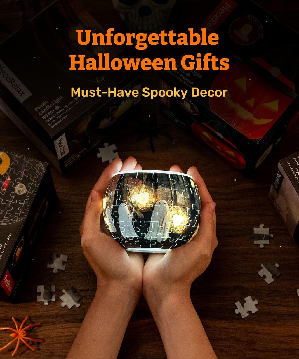 PieceRelax LED 3D Puzzle Candle Light 80 Plastic Pieces – Katherine Blower – Spooky Night Walk - Rechargeable Plastic Pumpkins for Indoor & Outdoor Spooky Decorations [KL1079]