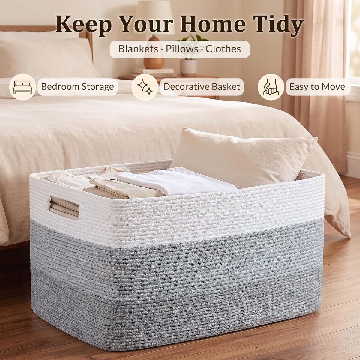 OIAHOMY 108L Super Large Blanket Basket, 25”x16”x16”(108L) Rectangle Woven Baskets for Storage, Cotton Rope Basket For Living Room, Toy Storage with Handle - Gradient Grey