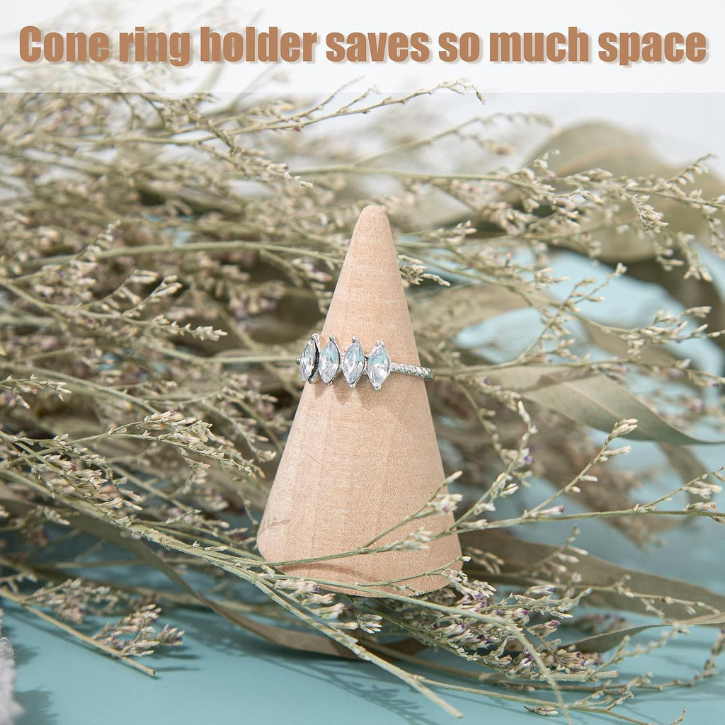 Framendino, 10 Pack Natural Wood Cone Ring Holder Finger Jewelry Display Stand Organizer for DIY Craft (Tilted Shaped)