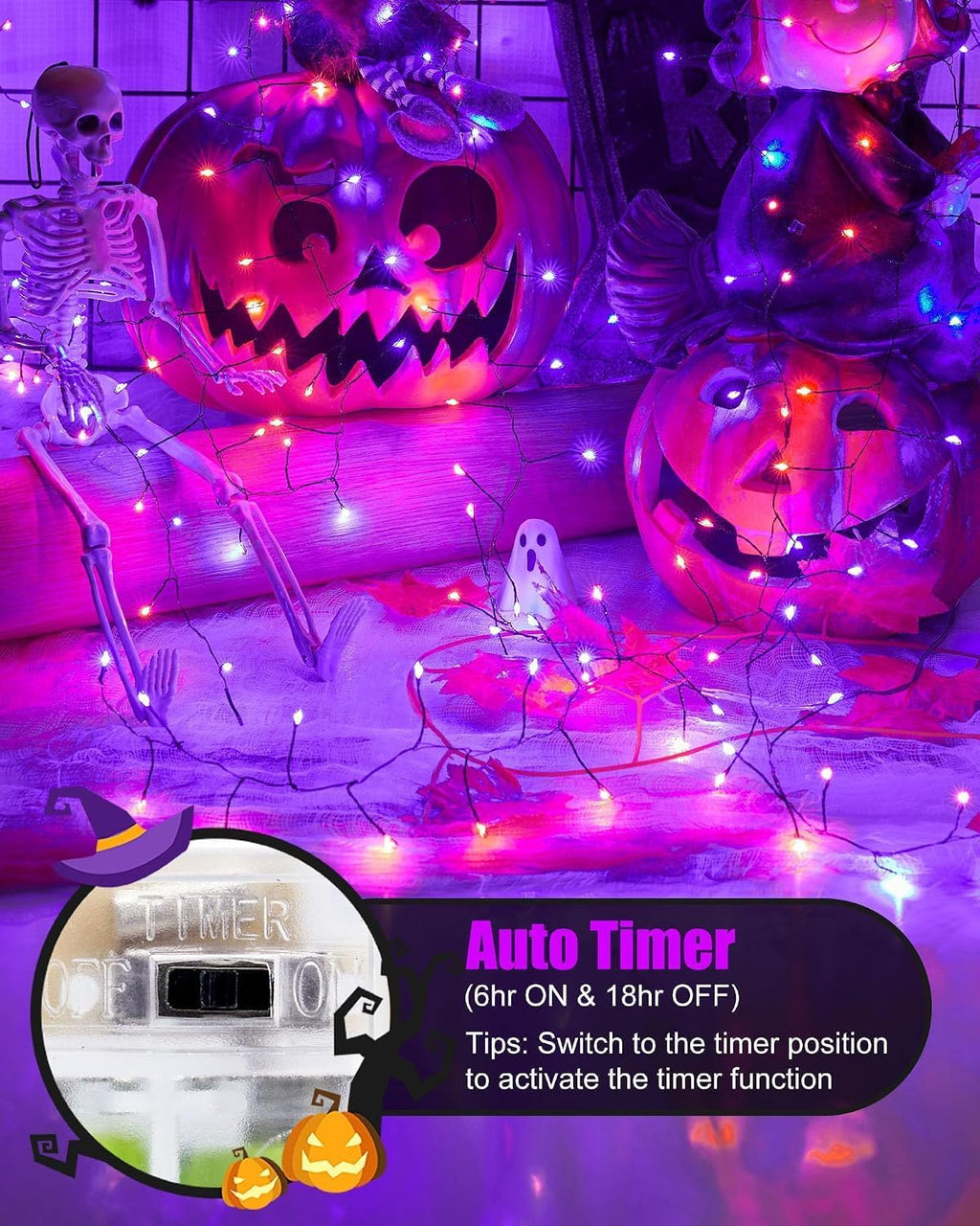 Brightown Halloween Fairy Lights Battery Operated, 10 FT 120LED Firecracker String Lights, Silver Wire Firefly Lights for Bedroom Home Haunted House Indoor Outdoor Holiday Decorations, Orange & Purple