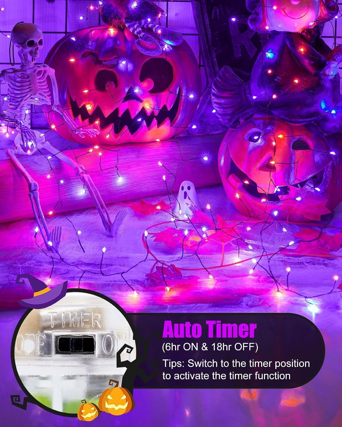 Brightown Halloween Fairy Lights Battery Operated, 10 FT 120LED Firecracker String Lights, Silver Wire Firefly Lights for Bedroom Home Haunted House Indoor Outdoor Holiday Decorations, Orange & Purple