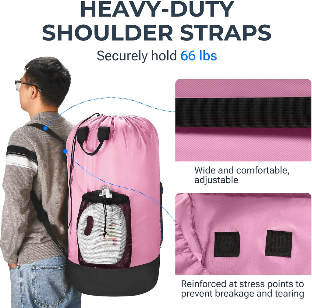 Heavy Duty Backpack Laundry Bag with Shoulder Straps & 2 Mesh Pockets, Pink
