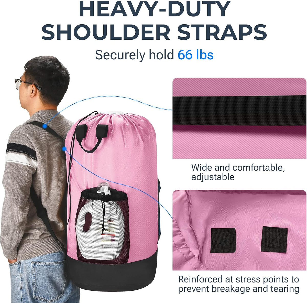 Heavy Duty Backpack Laundry Bag with Shoulder Straps & 2 Mesh Pockets, Pink