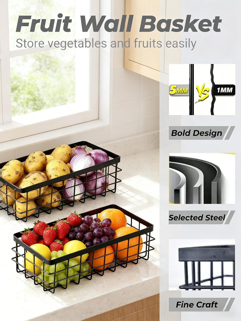 2PCS Adhesive Metal Wire Wall Storage Organizer Hanging Baskets Black M+L