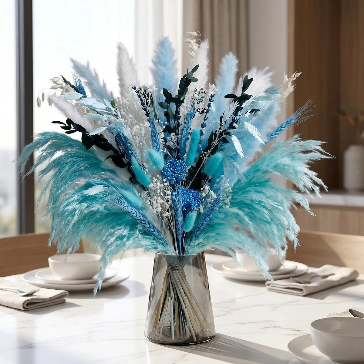 Blue Dried Flowers Bouquet with Pampas Grass - Boho Home Decor and DIY Floral Arrangements for Bedroom, Office, and Wedding Centerpieces