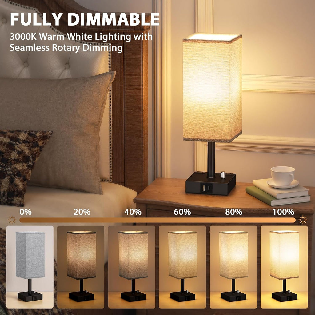 Grey Bedside Table Lamps Set of 2 - Dimmable, USB C+A, 2 AC Outlets