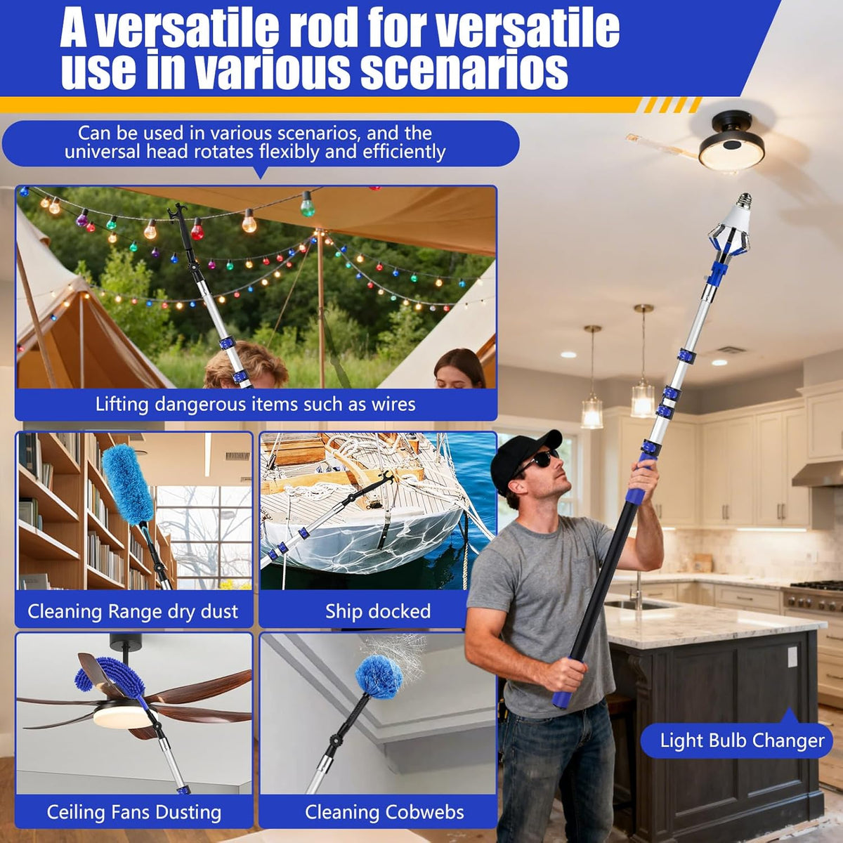26FT Light Bulb Changer Kit with Ceiling Fan Cleaner Extension Pole Blue