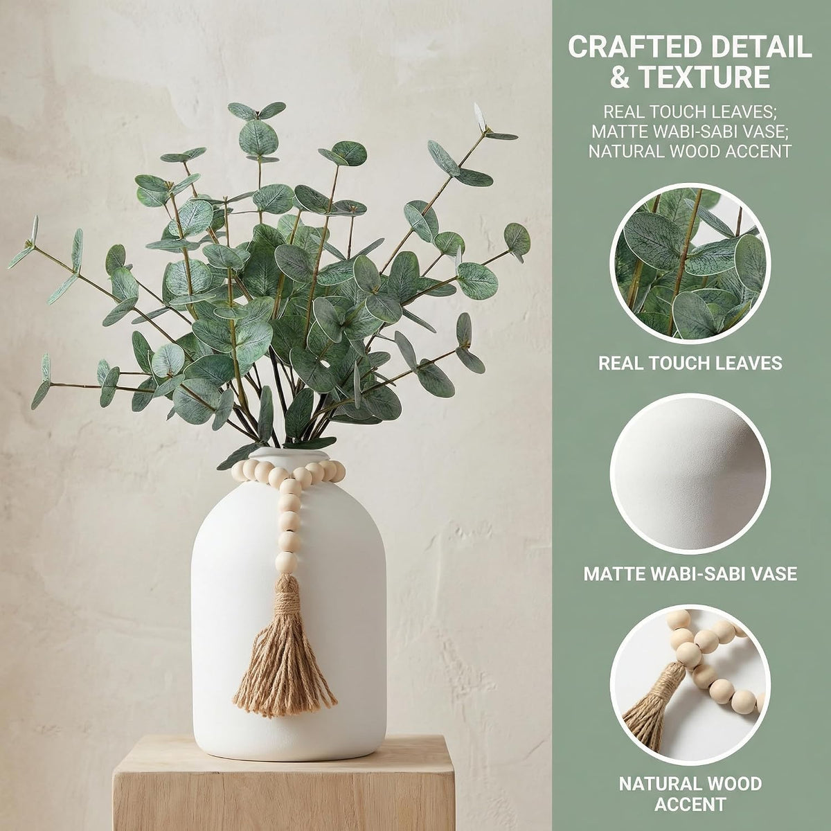 6 Pcs Artificial Eucalyptus Stems in Large White Vase ,18" Artificial Greenery Stems Centerpieces Fake Eucalyptus Stems 9 in Tall Vase Home Decor Coffee Table Kitchen Table Centerpieces Decor (White)