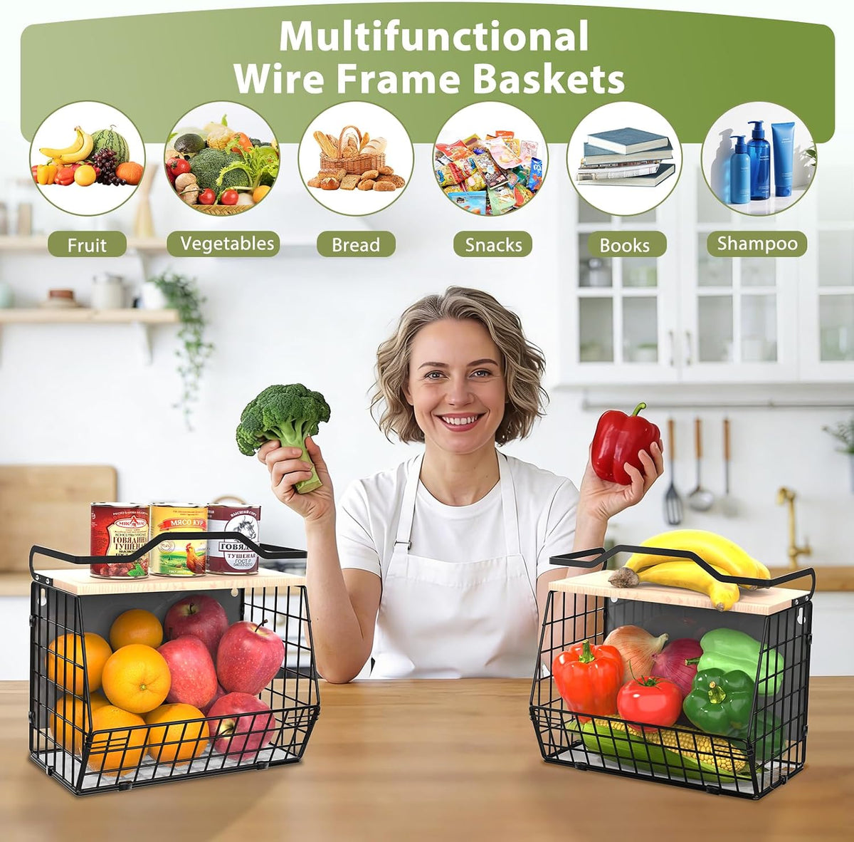 Wawocs Magnetic Shelf for Fridge with Wood Lid, 2 Tier Fruit Baskets Wall Mounted Hanging Basket with 4 Hanger Hooks, Potato and Onion Magnetic Storage Bins for Kitchen Counter, Refrigerator, Cabinet