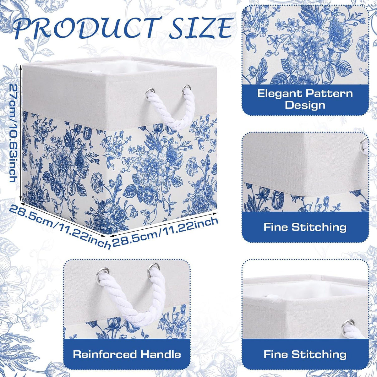 Blue Floral Cube Storage Bin Set of 6 Cube Storage Basket, 11.22 Inch
