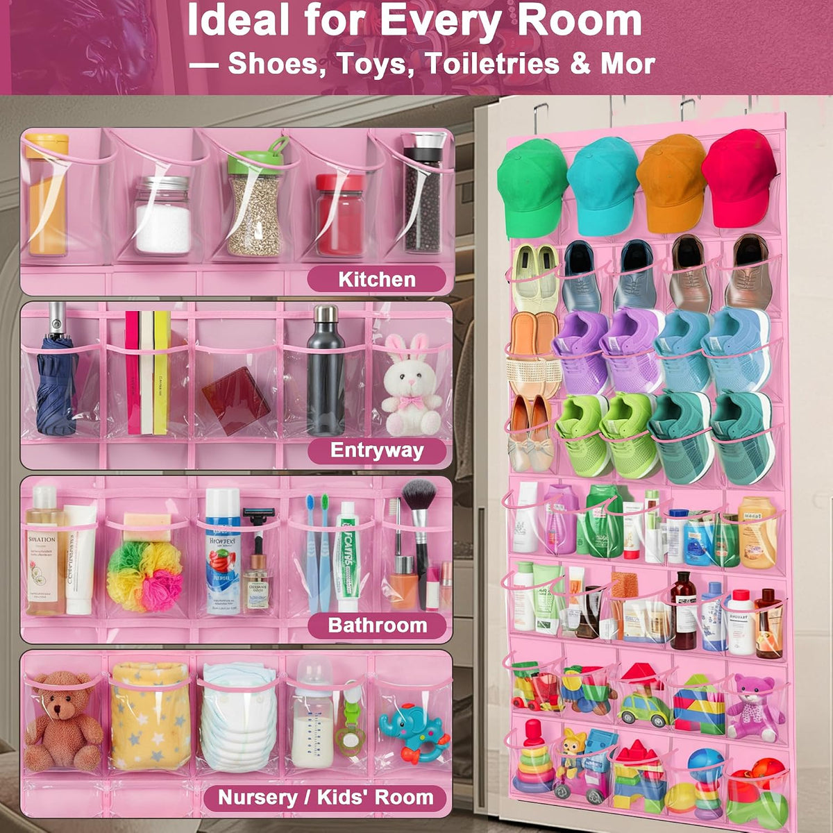 Over the Door Shoe Organizer with 40 Clear PVC Pockets – Waterproof Hanging Shoe Holder for Closet & Bathroom – Space-Saving Door Shoe Rack for Shoes, Toys, Toiletries & Snacks(Pink)